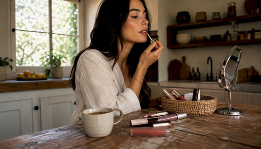 Woman applying lip balm at vanity