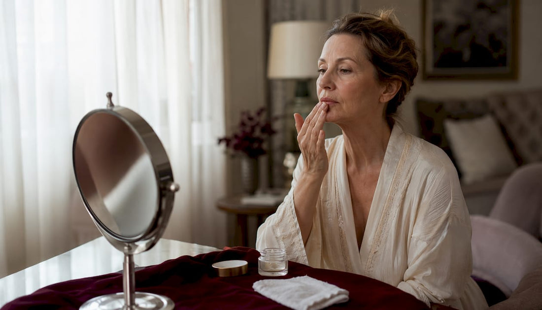 Woman examining lip lines closely in natural light