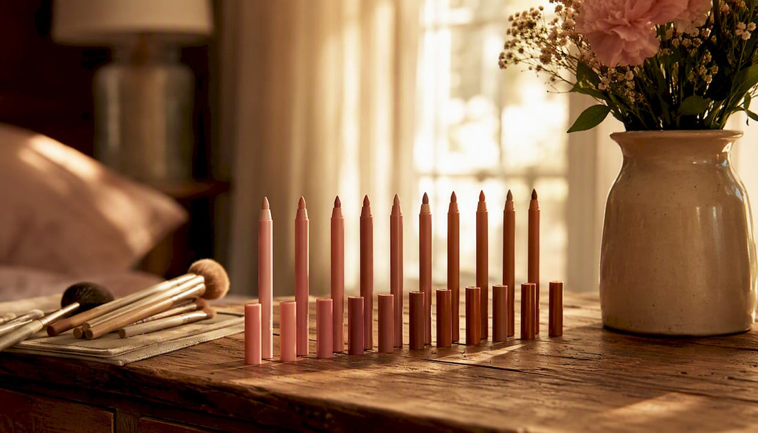 Variety of nude lip liners on marble counter