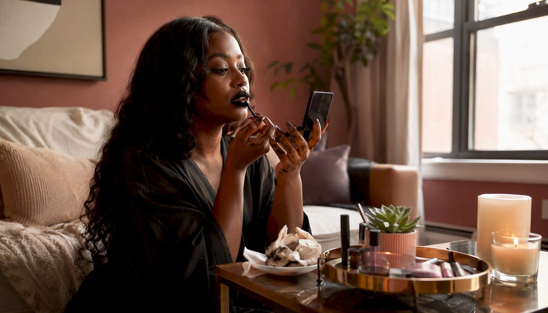 Close-up of woman applying black lipstick precisely