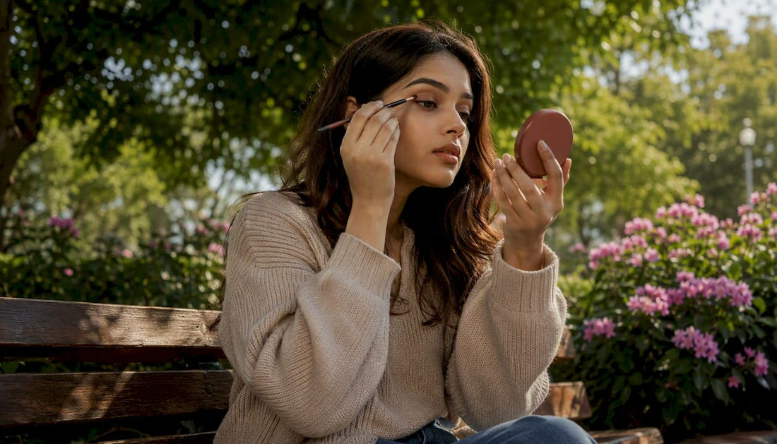Woman applying natural makeup to brown eyes