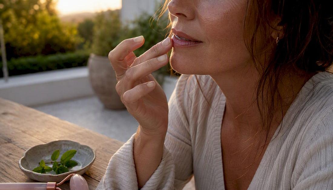 Woman applying lip serum at vanity