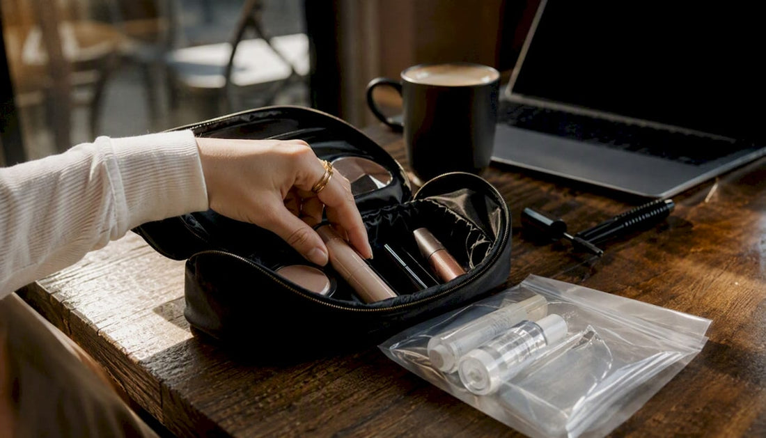 Open travel makeup kit on marble vanity