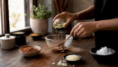 Hands mixing natural lip plumper ingredients