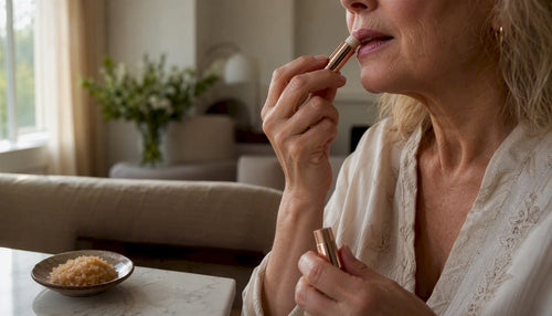 Woman applying lip balm at vanity