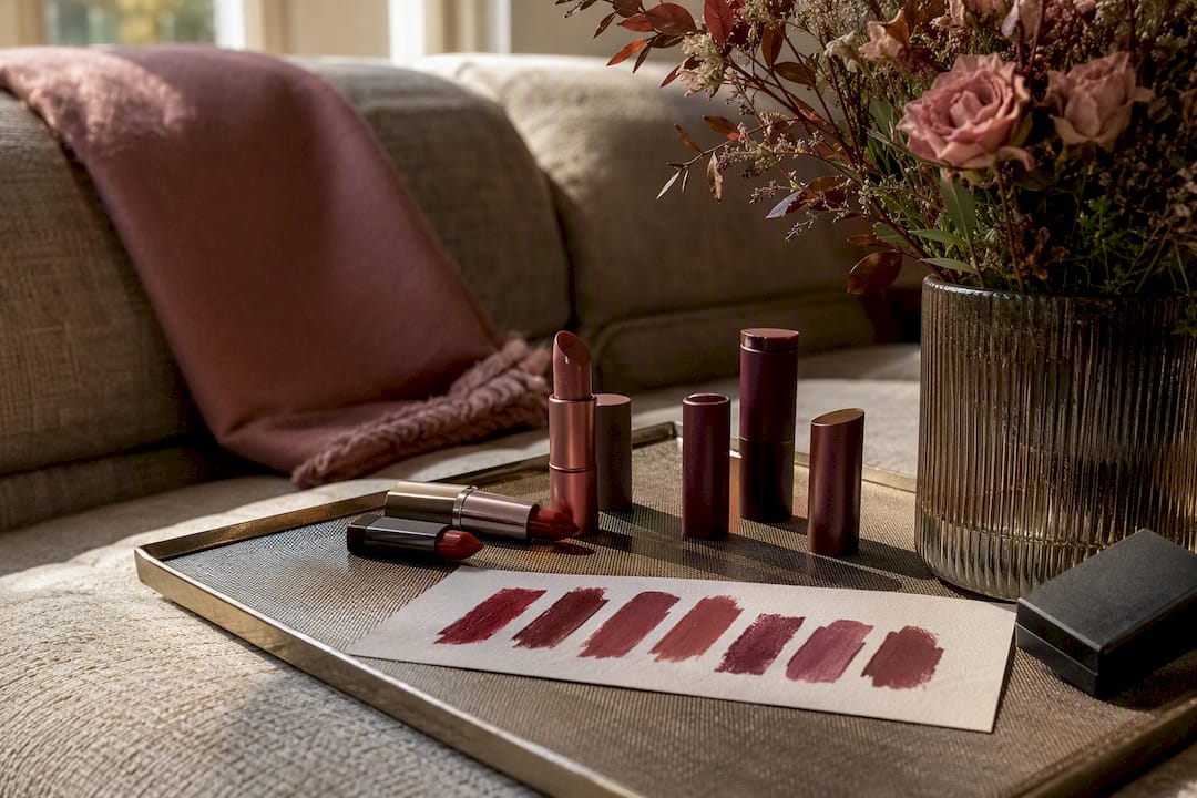 Close-up of matte and satin lipstick swatches