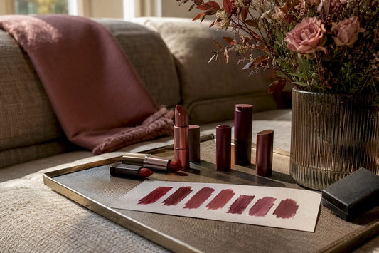 Close-up of matte and satin lipstick swatches
