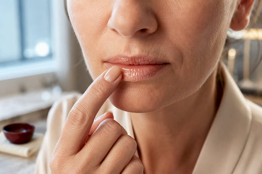 Mature woman applying ointment to dry lips