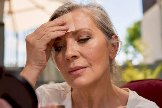 Mature woman blotting sweat-proof makeup