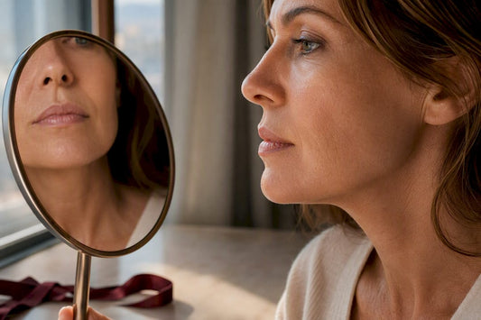 Mature woman examining natural lip color
