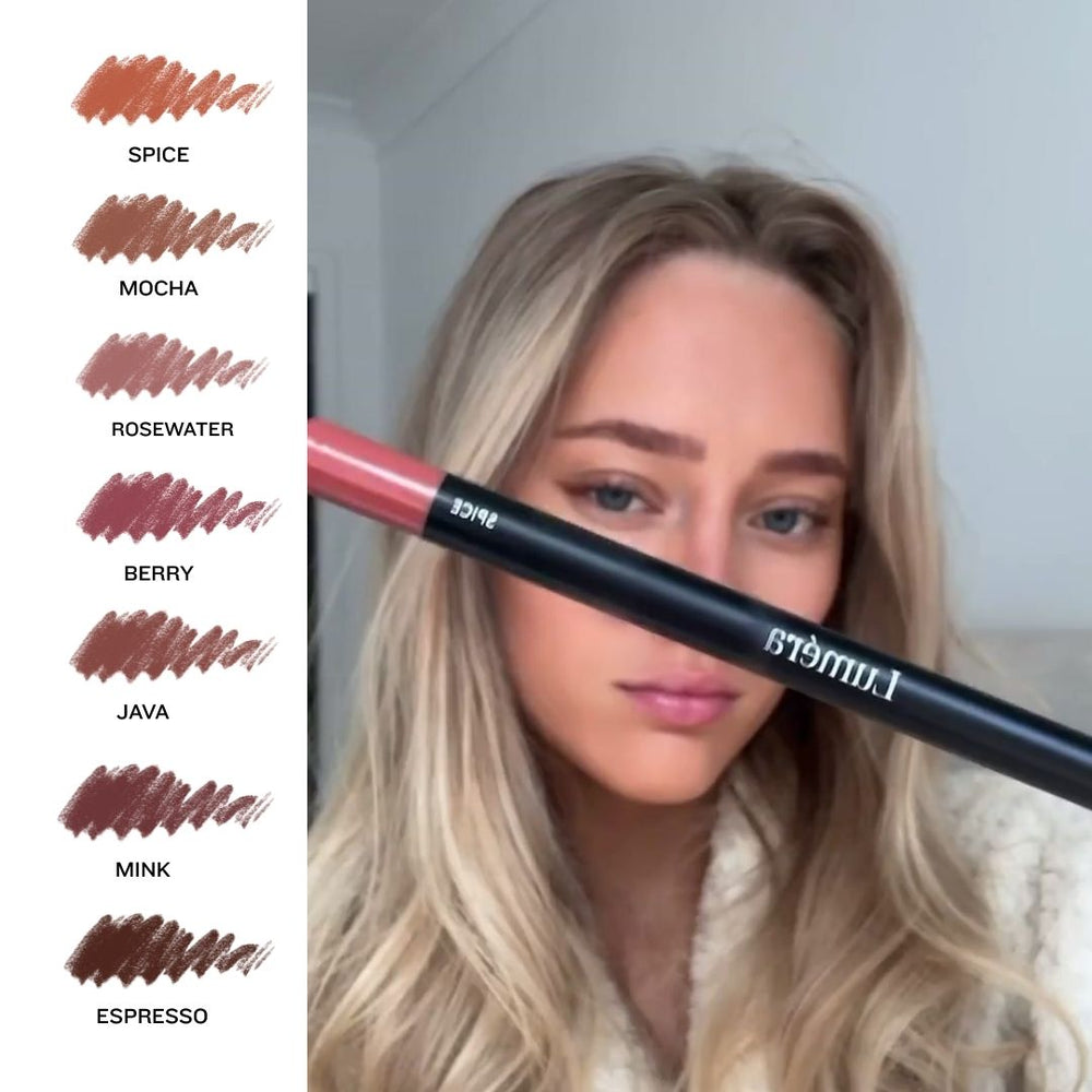 Woman holding a lip liner with color swatches on the side
