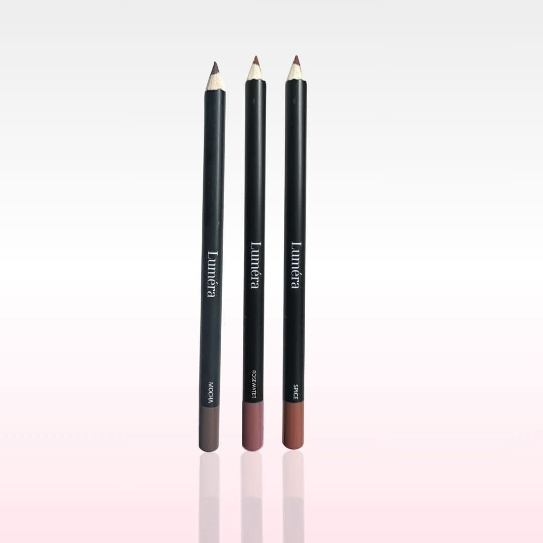 Three lip liner pencils in different shades, labeled Rosewater, Mocha, and Spice, against a white background.