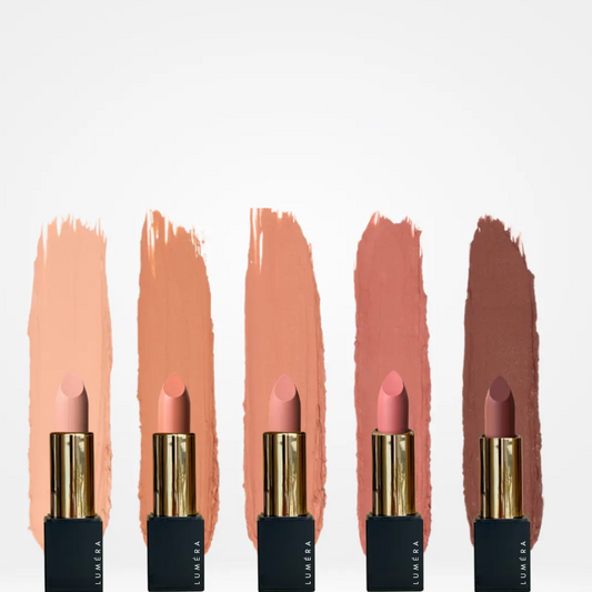 Five lipsticks with matching swatches on a light pink background, featuring the brand 'Luminara'.
