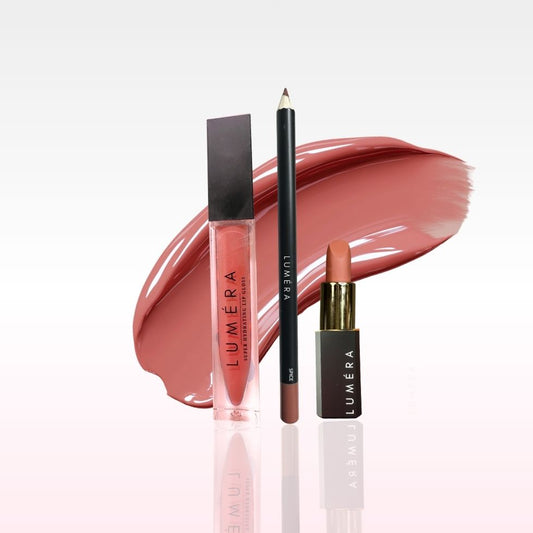 Lumera lip products including a lip gloss, lip liner, and lipstick on a white background.