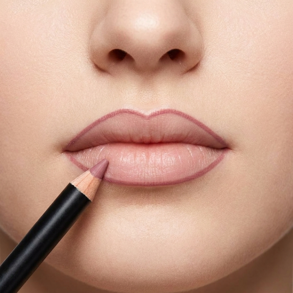 Rosewater lip liner applied - neat liner outline, true brand pencil