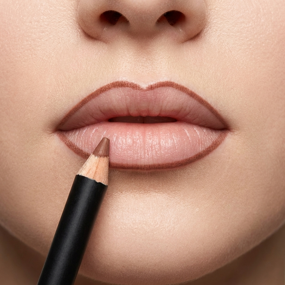 Mocha lip liner applied - neat liner outline, true brand pencil