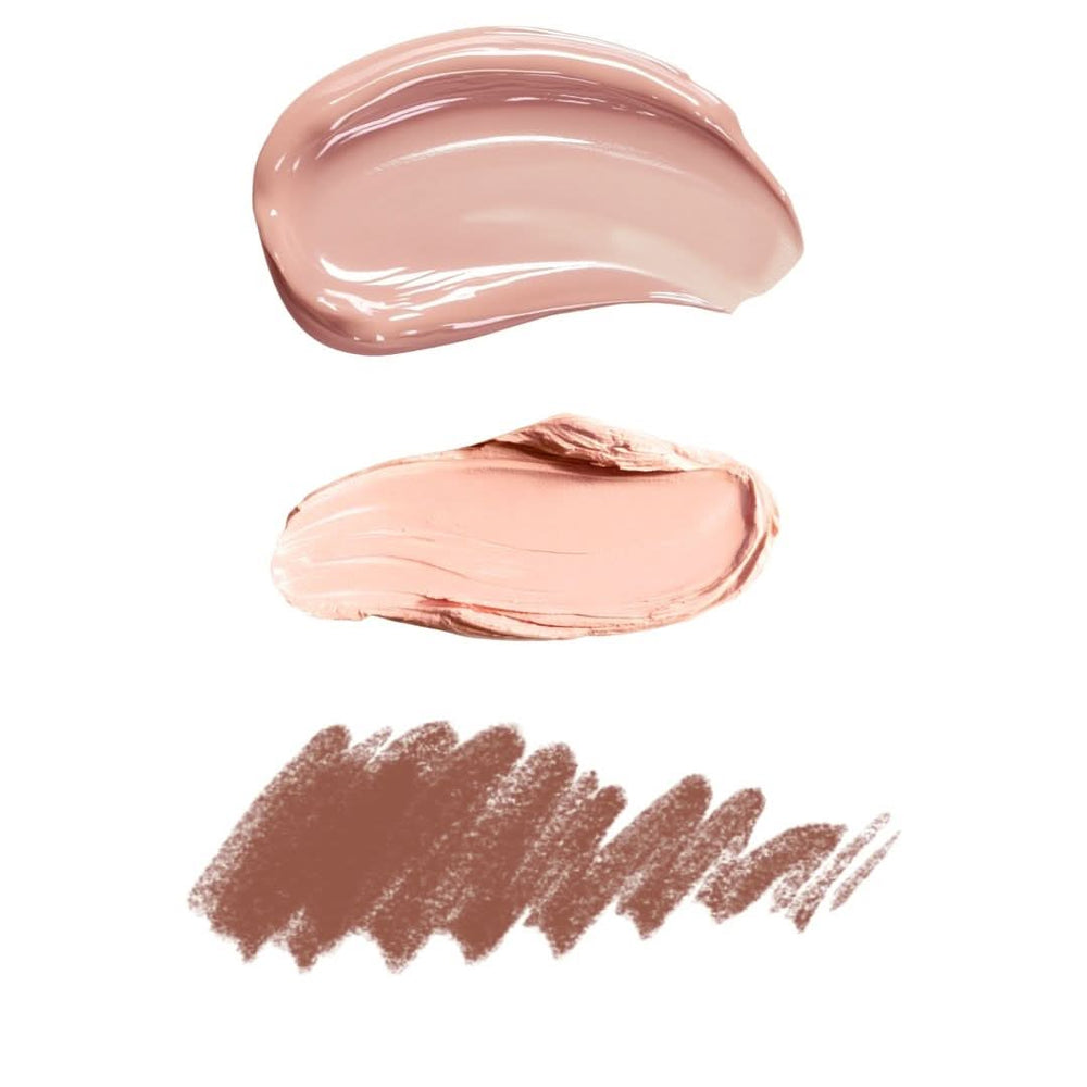 Three swatches of different shades of pink makeup on a white background