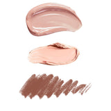 Three swatches of different shades of pink makeup on a white background